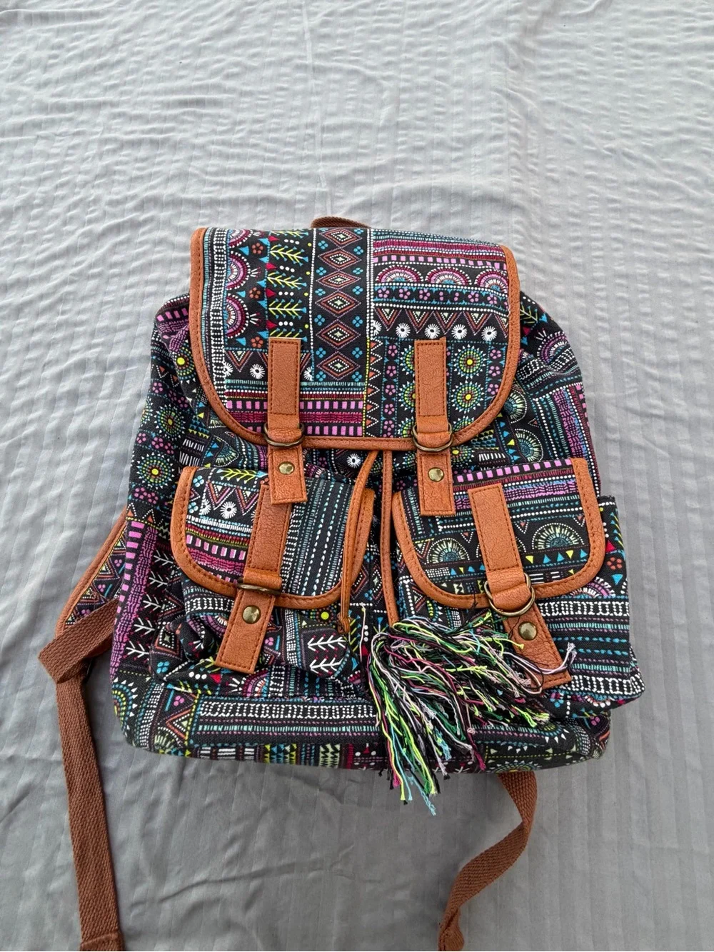 Boho Multicolor Patterned Backpack with Tan Trim